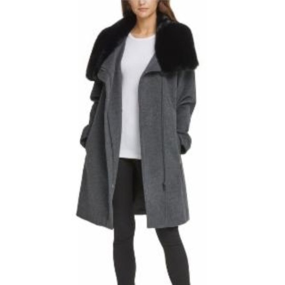 **NWT** DKNY Asymmetrical Faux-Fur-Collar Wool Blend Coat